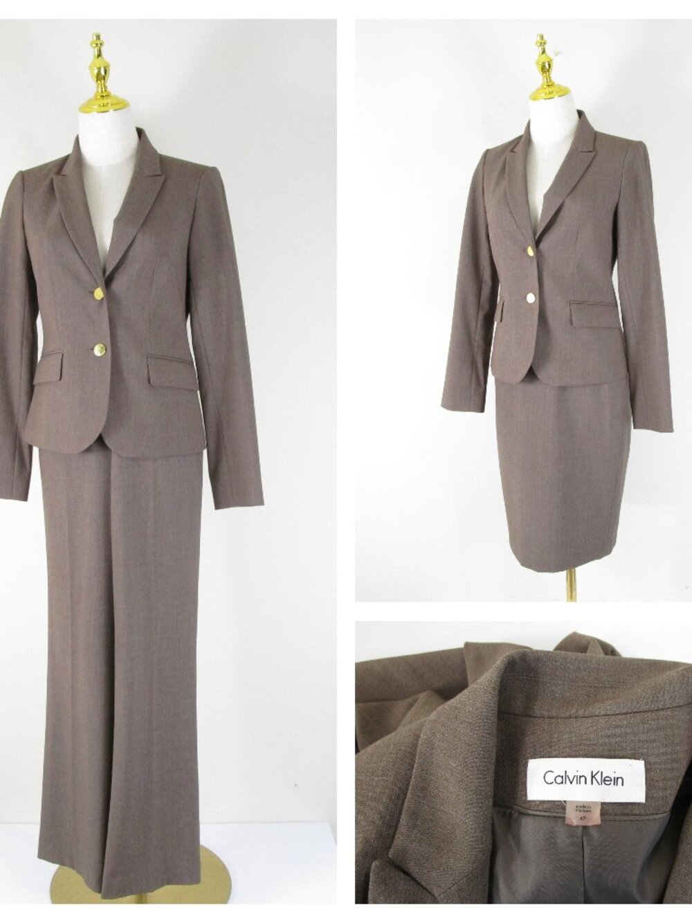 Calvin Klein Petite Brown 3 Piece Pant And Skirt Suit 4P Formal Business Career